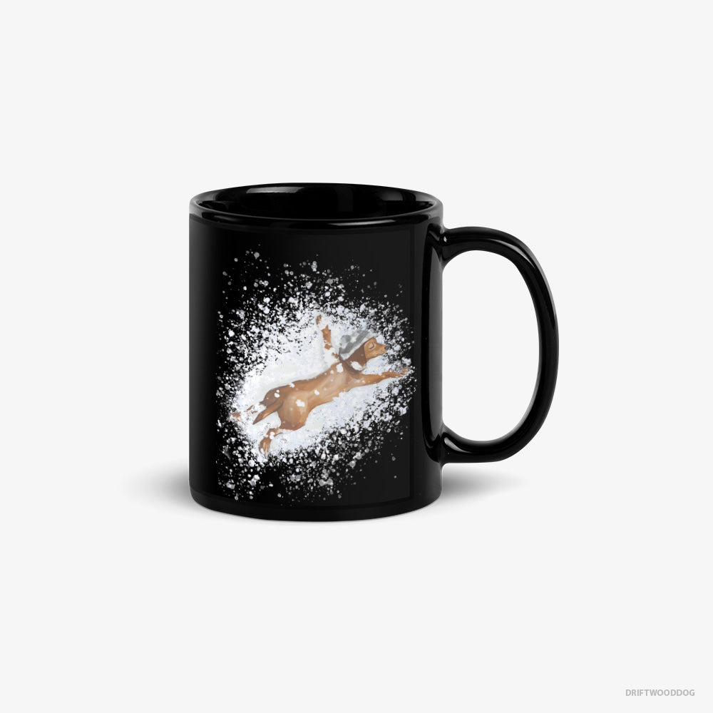 Dachshund Mug – Unisex Black Mug Classic – Lying in the Snow (on White Background)