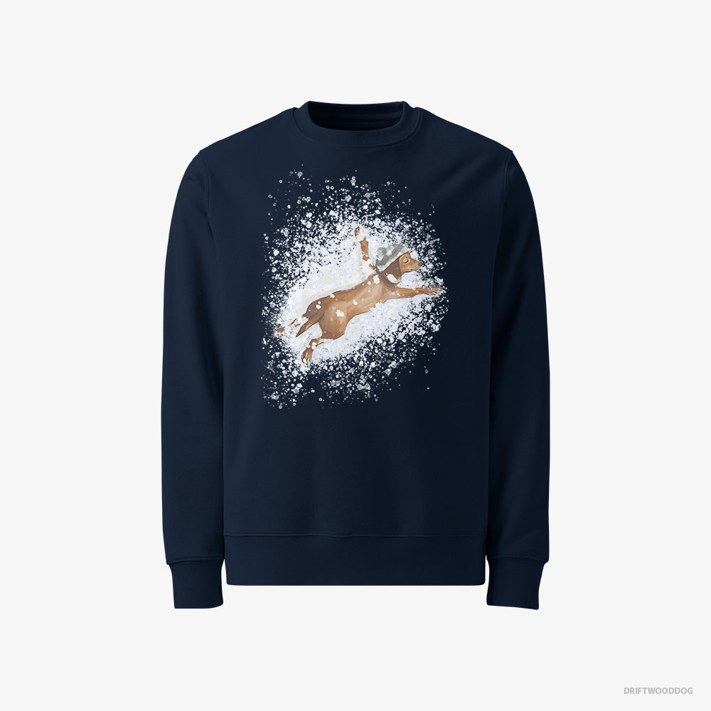 Dachshund Sweatshirt – Men Navy Sweatshirt Classic – Lying in the Snow (on White Background)