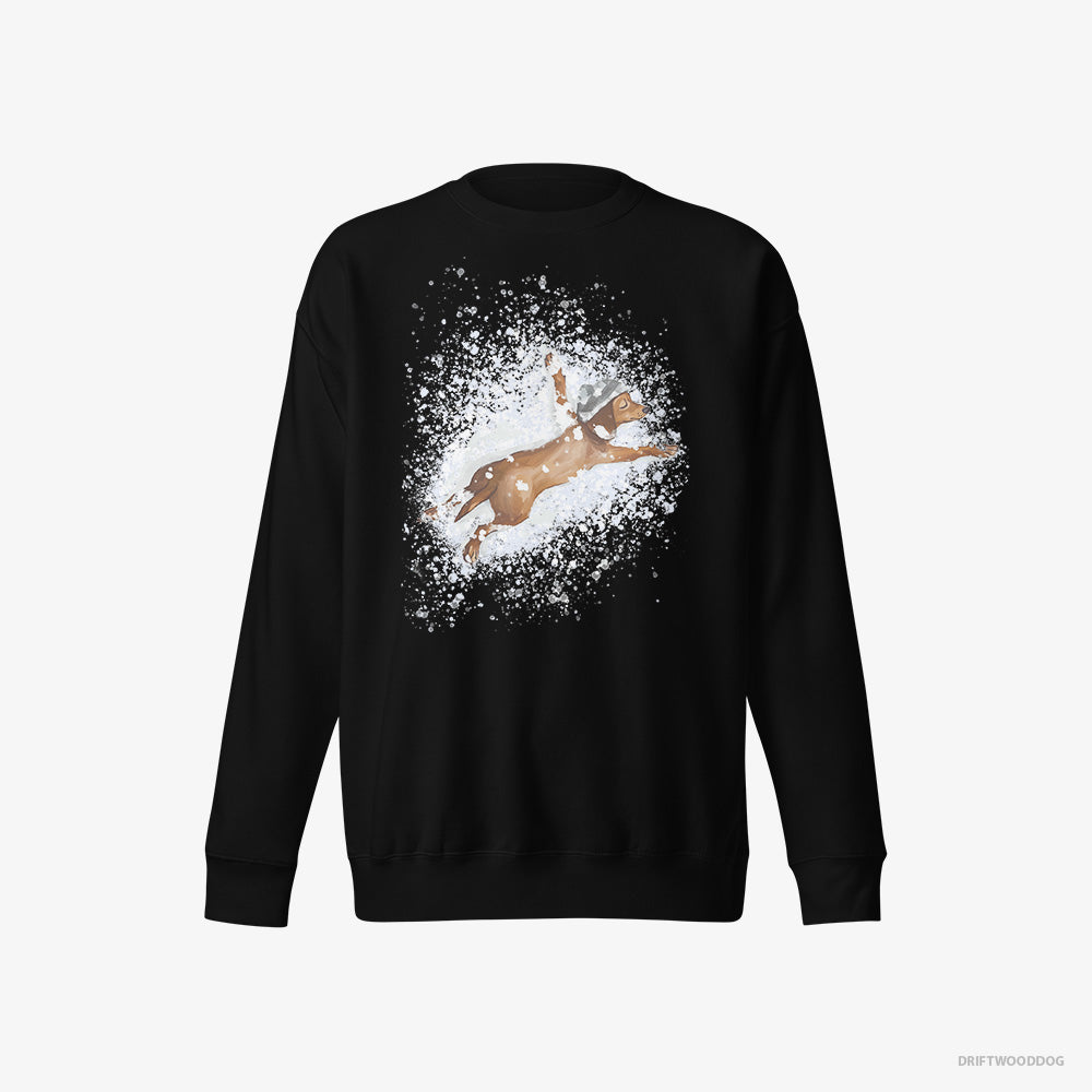 Dachshund Sweatshirt – Women Black Sweatshirt Eco-Friendly – Lying in the Snow (on White Background)