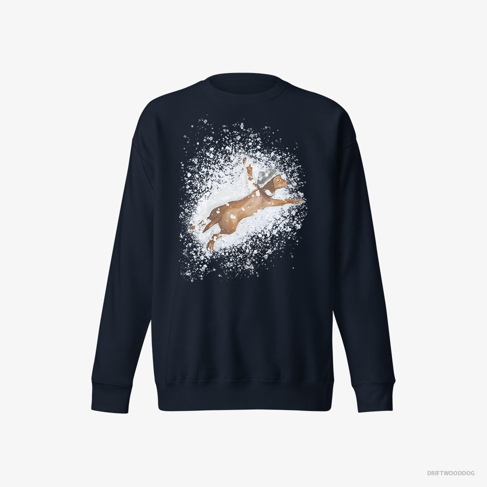 Dachshund Sweatshirt – Women Navy Sweatshirt Eco-Friendly – Lying in the Snow (on White Background)