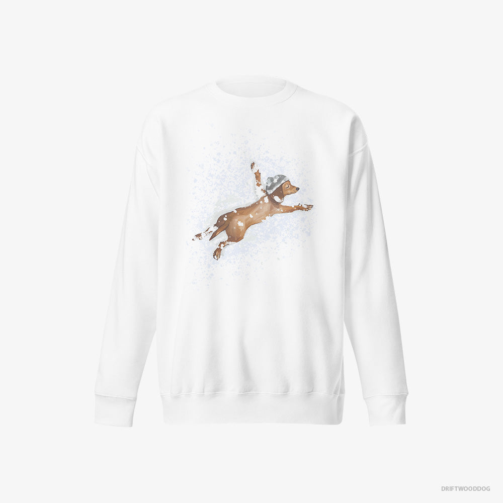 Dachshund Sweatshirt – Men White Sweatshirt Eco-Friendly – Lying in the Snow (on White Background)