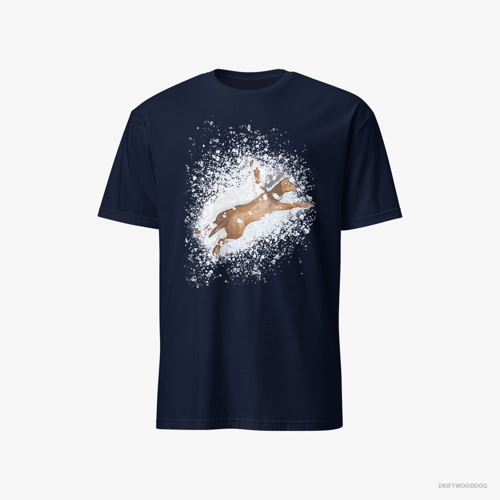 Dachshund T-Shirt – Men Navy T-Shirt Classic – Lying in the Snow (on White Background)