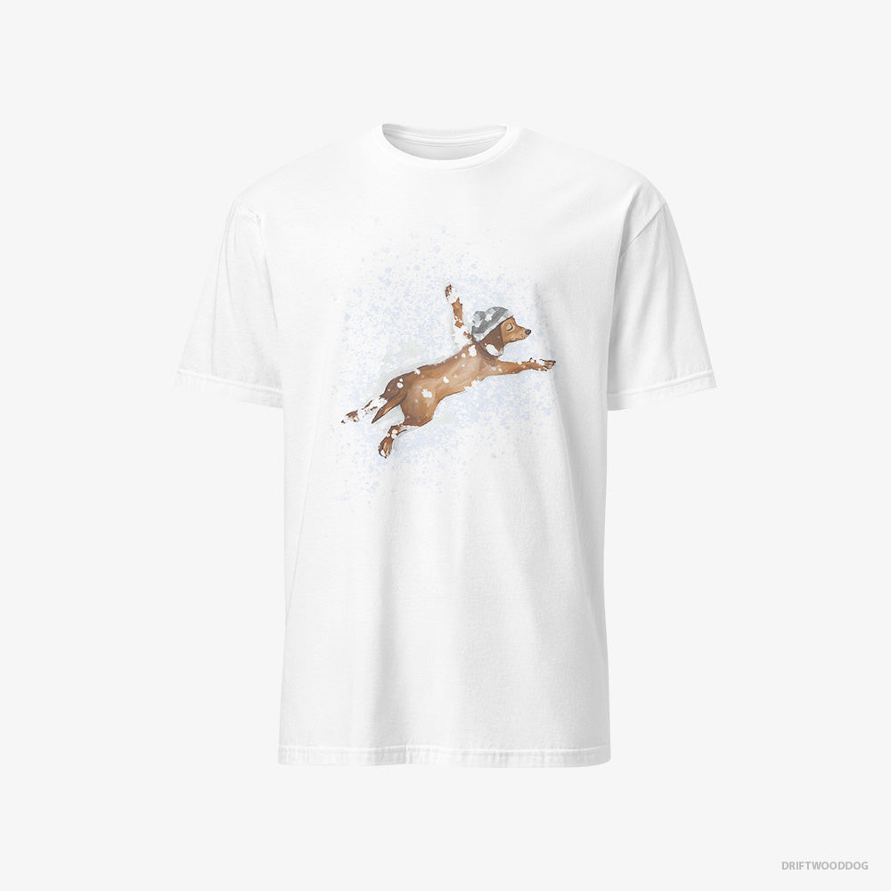 Dachshund T-Shirt – Men White T-Shirt Classic – Lying in the Snow (on White Background)