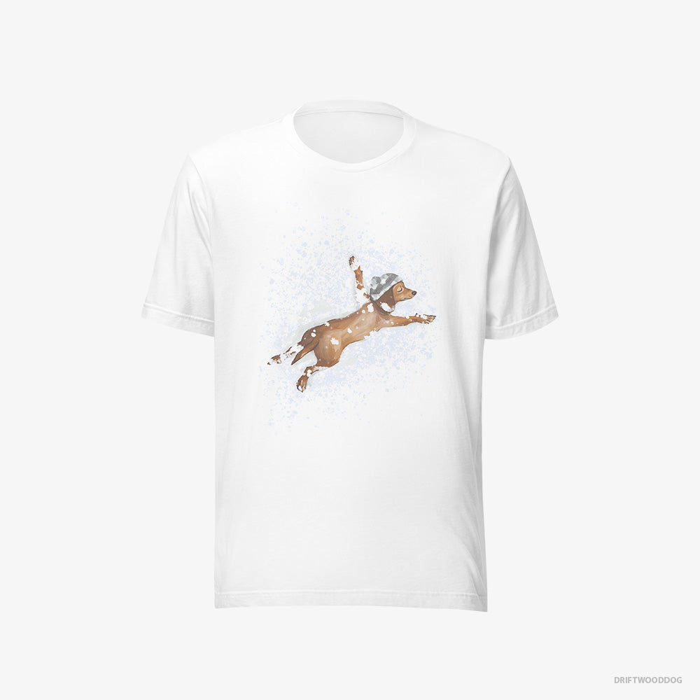 Dachshund T-Shirt – Women White T-Shirt Eco-Friendly – Lying in the Snow (on White Background)