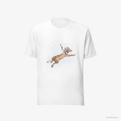 Dachshund T-Shirt – Women White T-Shirt Eco-Friendly – Lying in the Snow (on White Background)