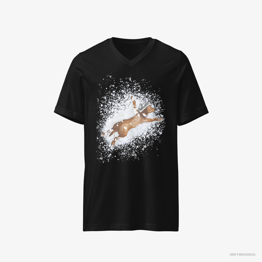 Dachshund T-Shirt – Men Black T-Shirt V-Neck – Lying in the Snow (on White Background)