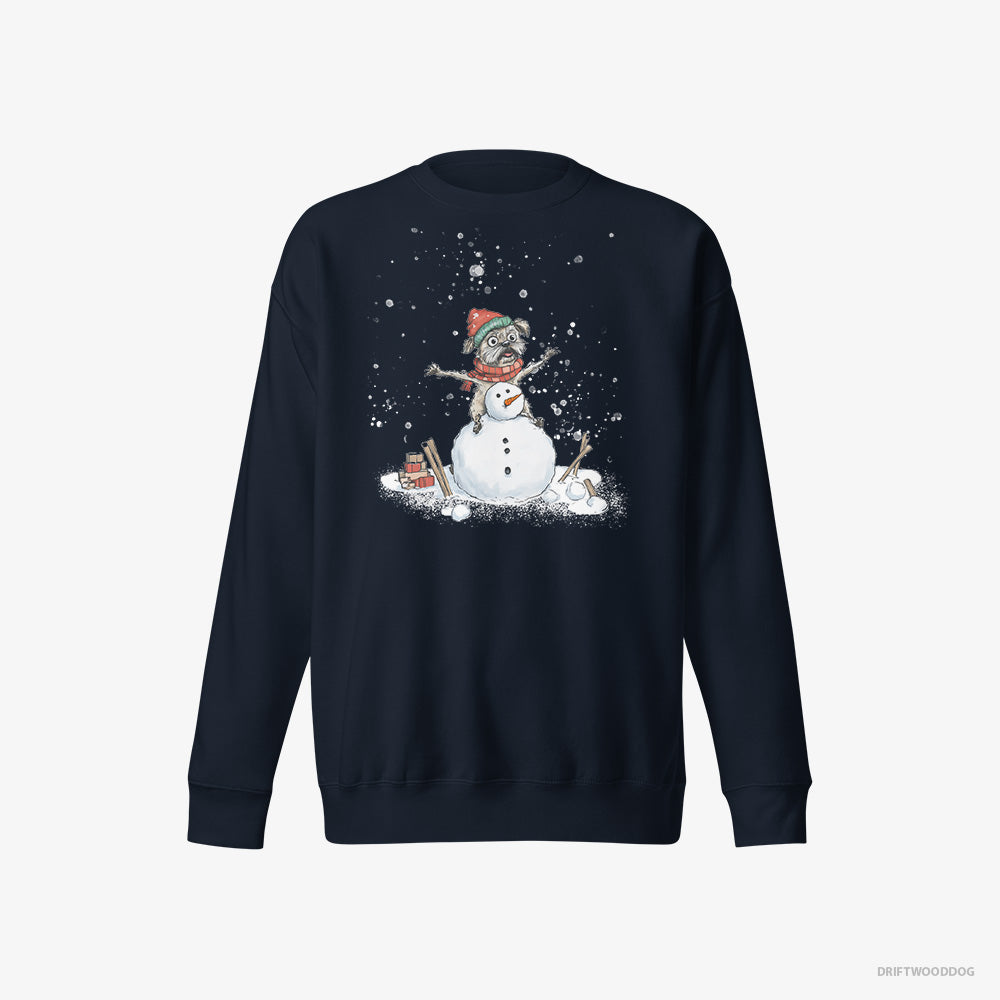 Yorkshire Terrier Sweatshirt – Women Navy Sweatshirt Eco-Friendly – Building a Snowman (on White Background)