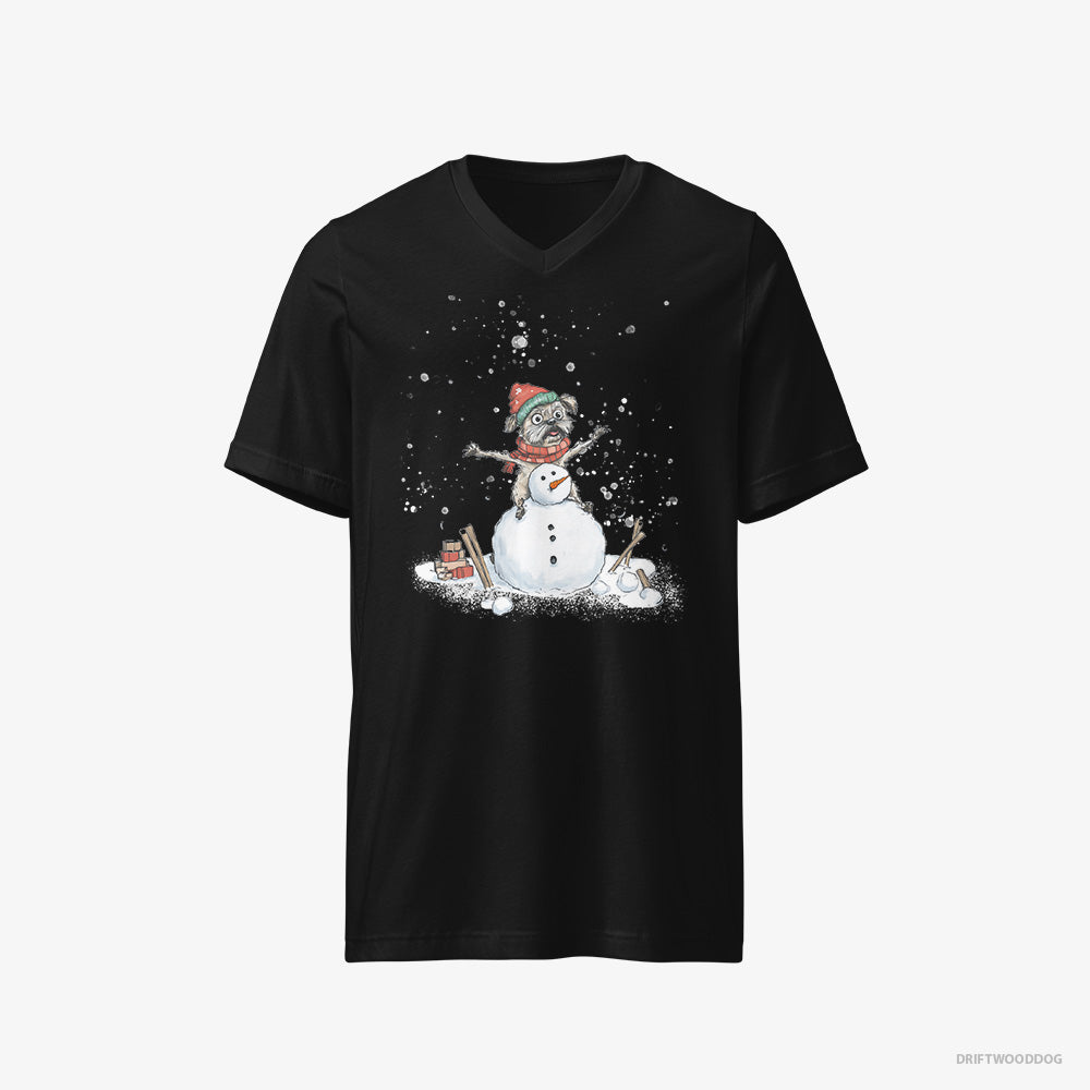 Yorkshire Terrier T-Shirt – Men Black T-Shirt V-Neck – Building a Snowman (on White Background)