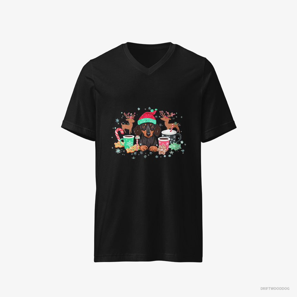 Dachshund T-Shirt – Men Black T-Shirt V-Neck – in a Jolly Christmas Mood (on White Background)