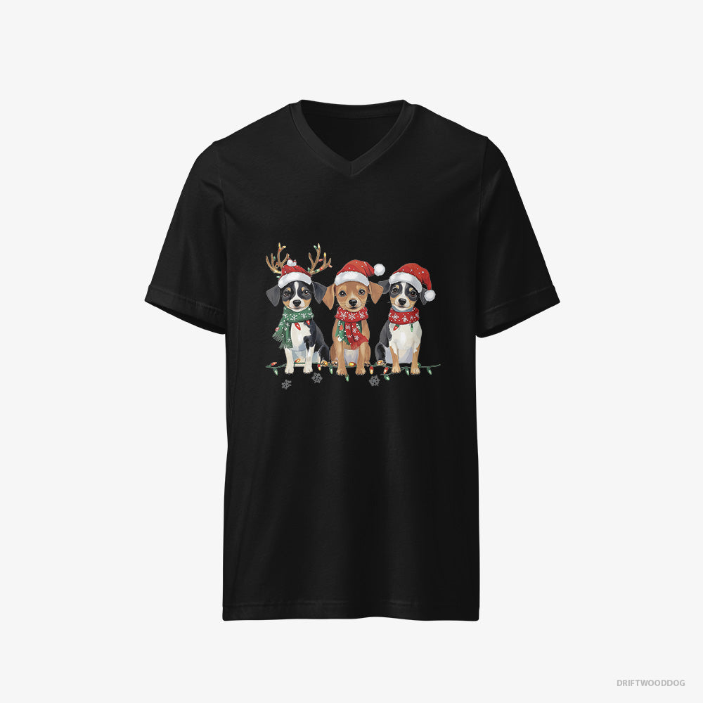 Jack Russell Terrier T-Shirt – Men Black T-Shirt V-Neck – Puppies in a Christmas Theme (on White Background)