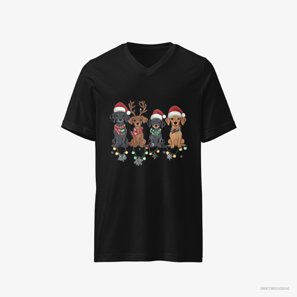 Dachshund T-Shirt – Men Black T-Shirt V-Neck – Puppies in the Christmas Spirit (on White Background)