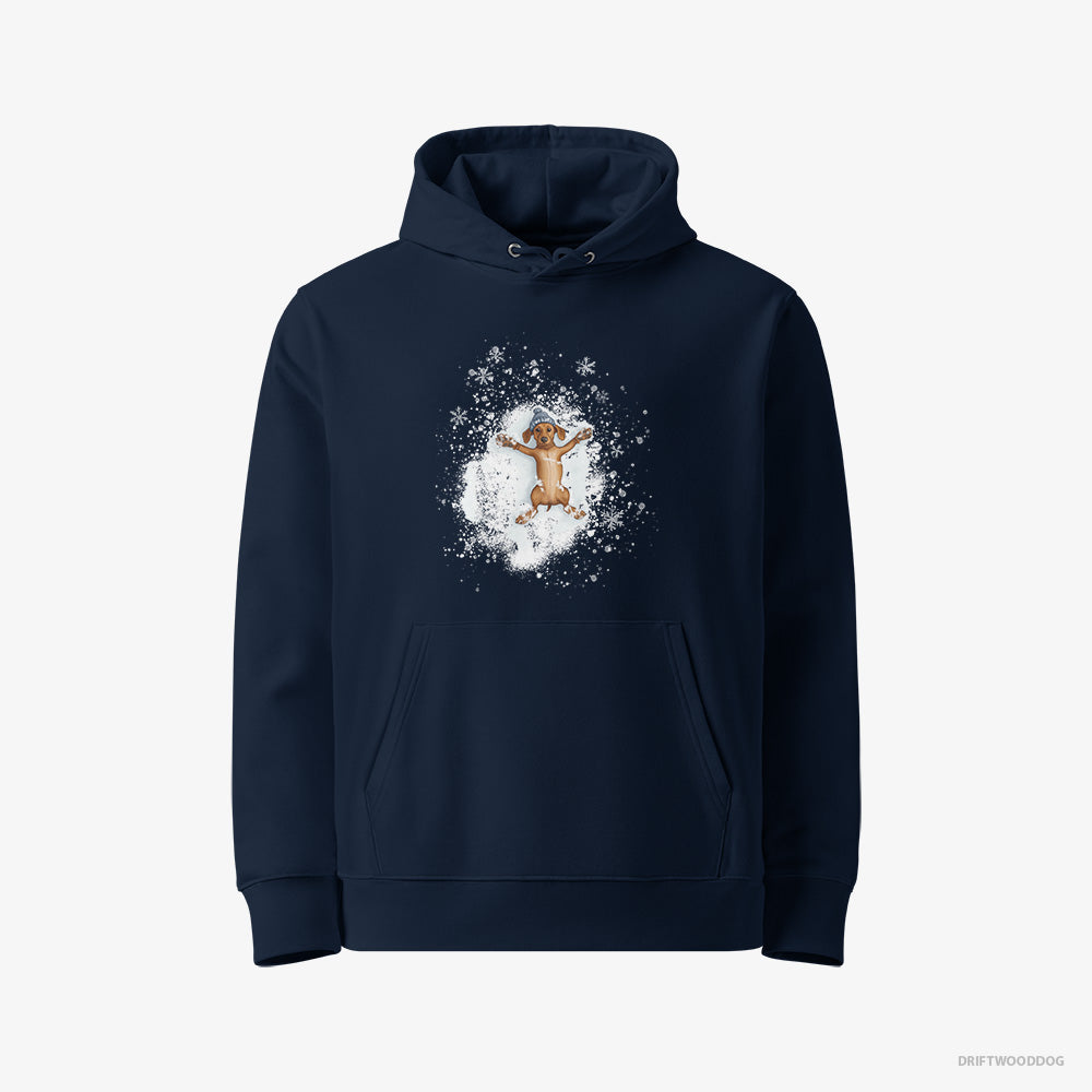 Dachshund Hoodie – Women Navy Hoodie Eco-Friendly – Making Snow Angels (on White Background)