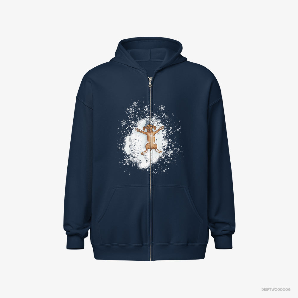 Dachshund Hoodie – Women Navy Hoodie Full-Zip – Making Snow Angels (on White Background)