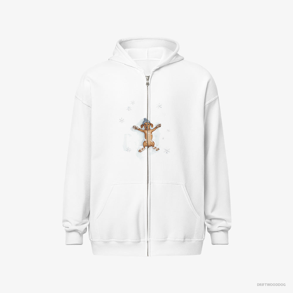 Dachshund Hoodie – Women White Hoodie Full-Zip – Making Snow Angels (on White Background)