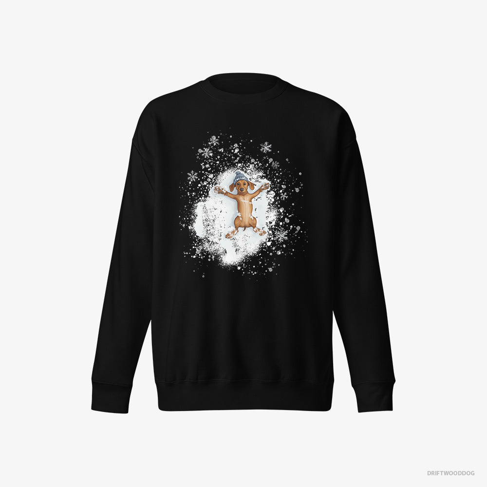 Dachshund Sweatshirt – Women Black Sweatshirt Eco-Friendly – Making Snow Angels (on White Background)