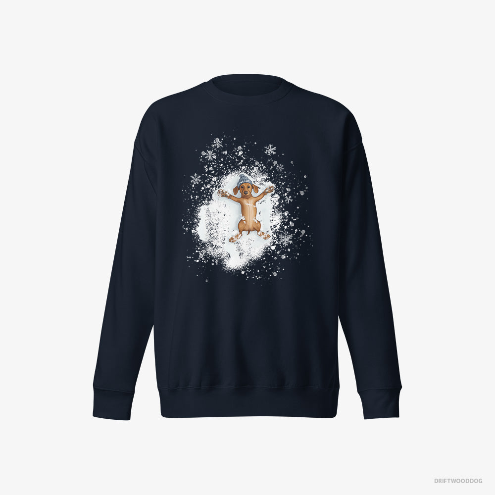 Dachshund Sweatshirt – Women Navy Sweatshirt Eco-Friendly – Making Snow Angels (on White Background)