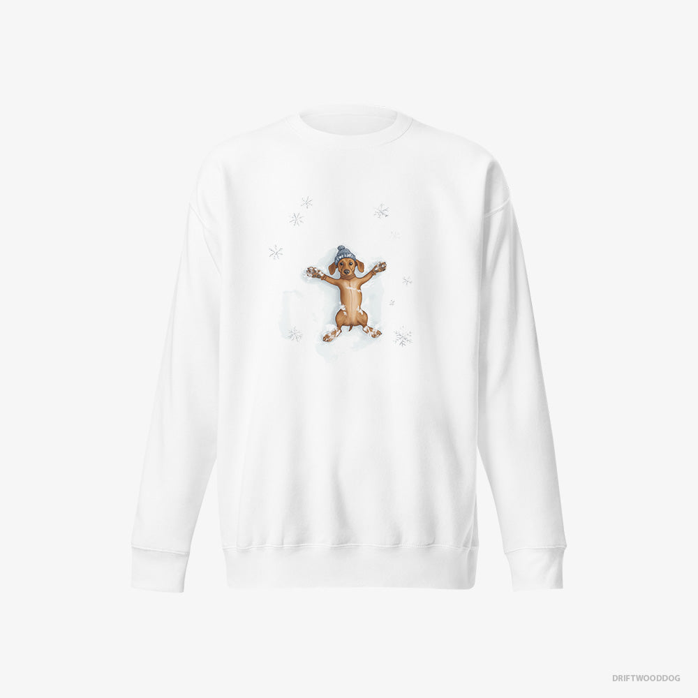 Dachshund Sweatshirt – Women White Sweatshirt Eco-Friendly – Making Snow Angels (on White Background)