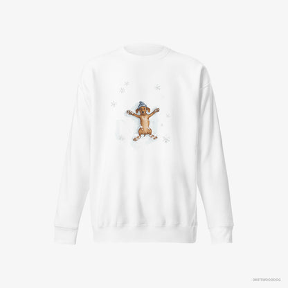 Dachshund Sweatshirt – Women White Sweatshirt Eco-Friendly – Making Snow Angels (on White Background)