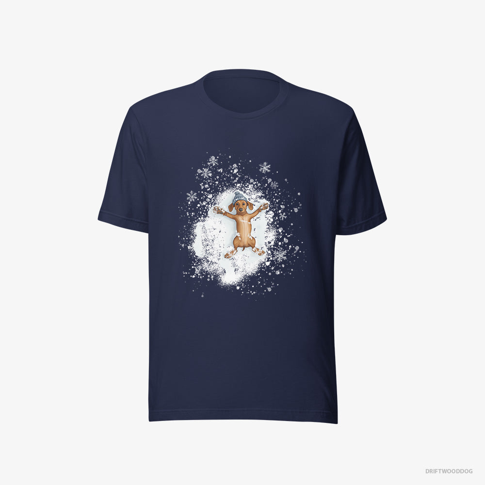 Dachshund T-Shirt – Women Navy T-Shirt Eco-Friendly – Making Snow Angels (on White Background)