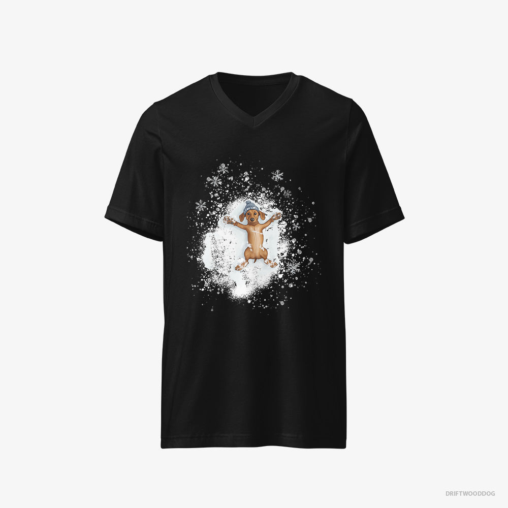 Dachshund T-Shirt – Women Black T-Shirt V-Neck – Making Snow Angels (on White Background)