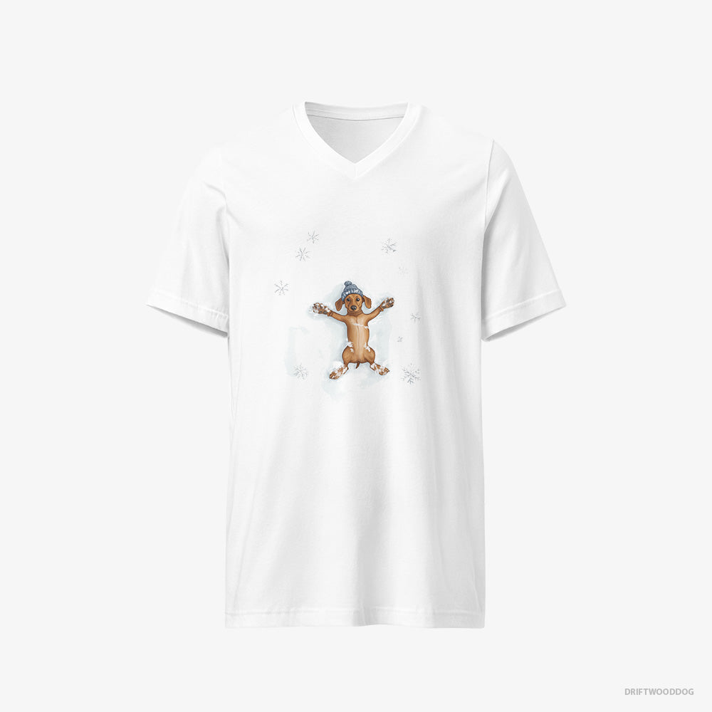 Dachshund T-Shirt – Women White T-Shirt V-Neck – Making Snow Angels (on White Background)