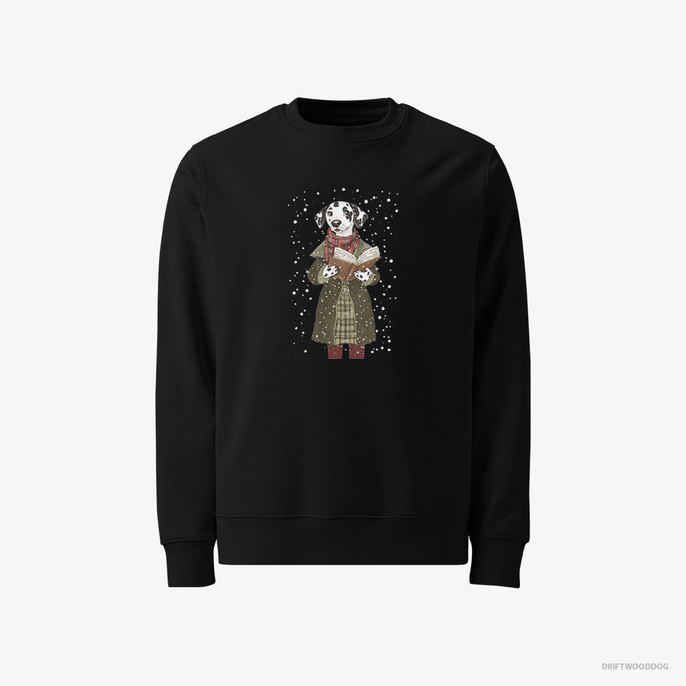 Dalmatian Sweatshirt – Men Black Sweatshirt Classic – Singing Christmas Carols with a Songbook (on White Background)