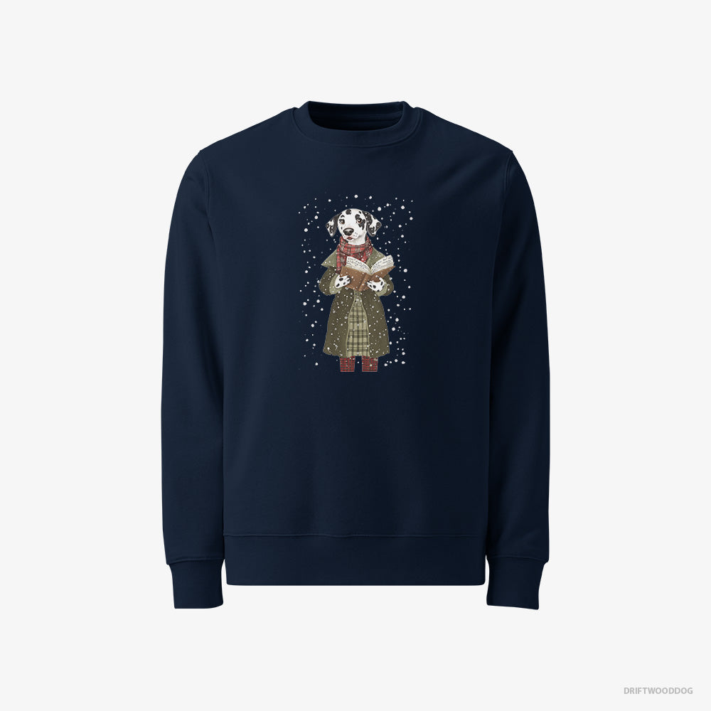 Dalmatian Sweatshirt – Men Navy Sweatshirt Classic – Singing Christmas Carols with a Songbook (on White Background)