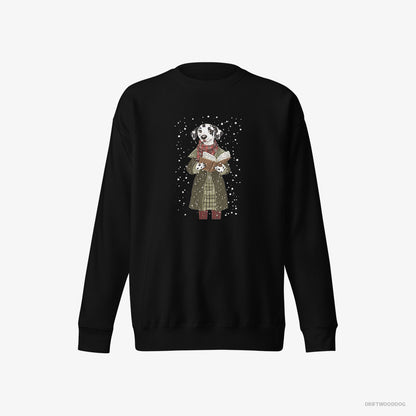 Dalmatian Sweatshirt – Women Black Sweatshirt Eco-Friendly – Singing Christmas Carols with a Songbook (on White Background)