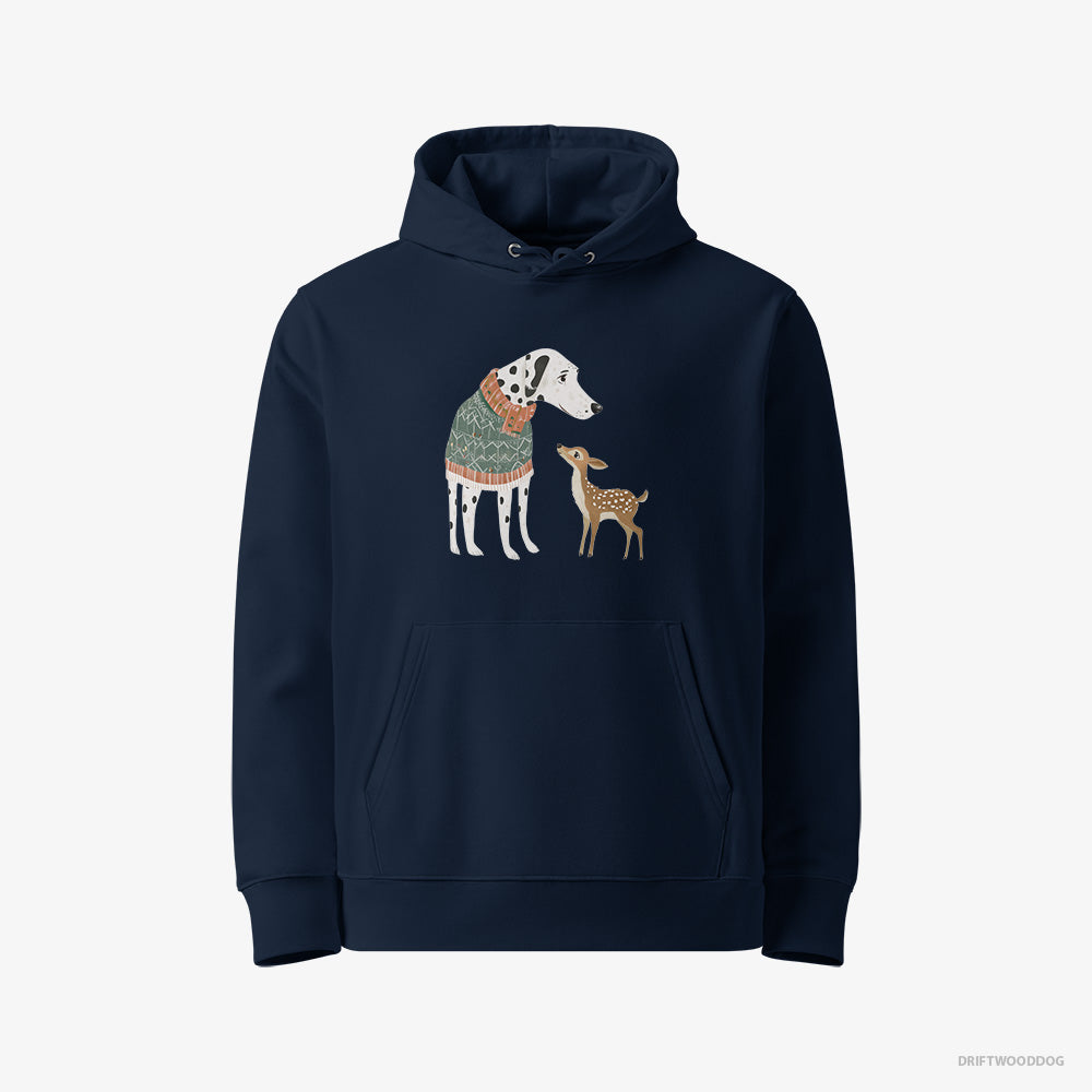 Dalmatian Hoodie – Women Navy Hoodie Eco-Friendly – with a Playful Reindeer (on White Background)