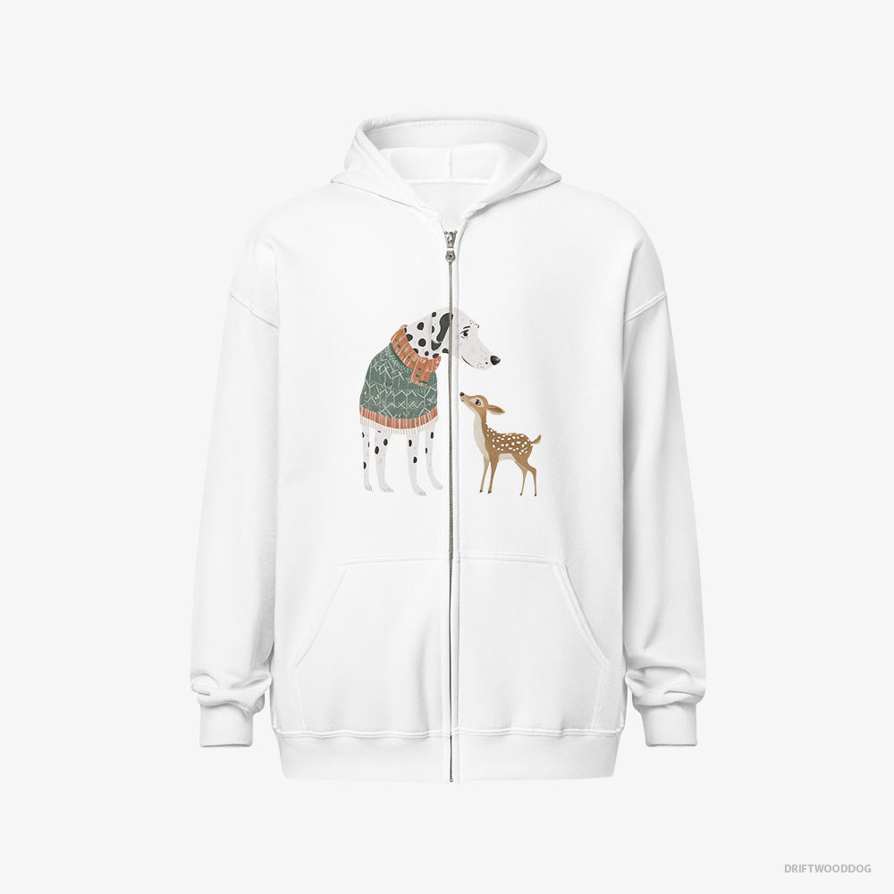 Dalmatian Hoodie – Men White Hoodie Full-Zip – with a Playful Reindeer (on White Background)