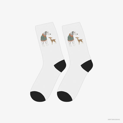 Dalmatian Socks – Unisex White Socks Classic – with a Playful Reindeer (on White Background)