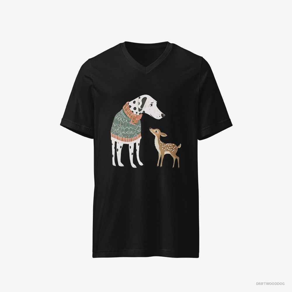 Dalmatian T-Shirt – Men Black T-Shirt V-Neck – with a Playful Reindeer (on White Background)