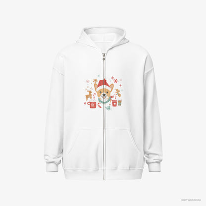 Corgi Hoodie – Men White Hoodie Full-Zip – with Holiday Spirit (on White Background)