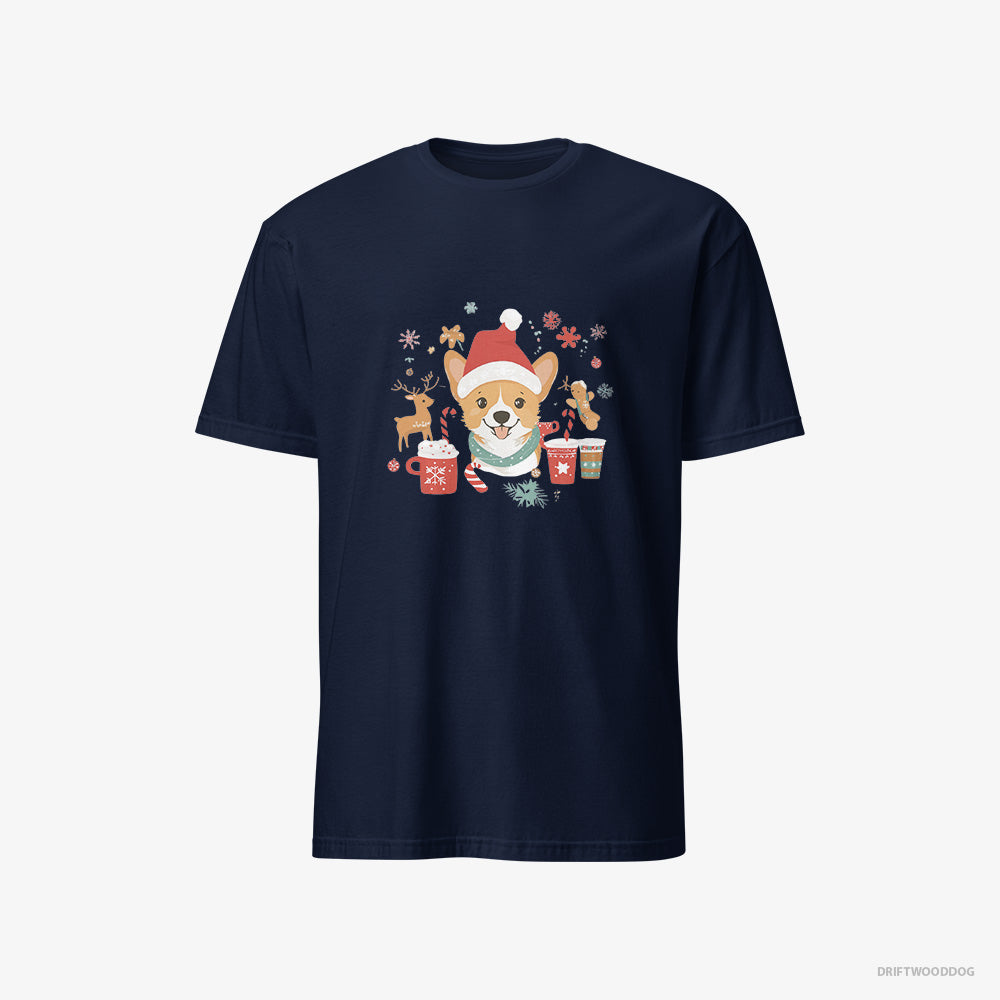 Corgi T-Shirt – Men Navy T-Shirt Classic – with Holiday Spirit (on White Background)