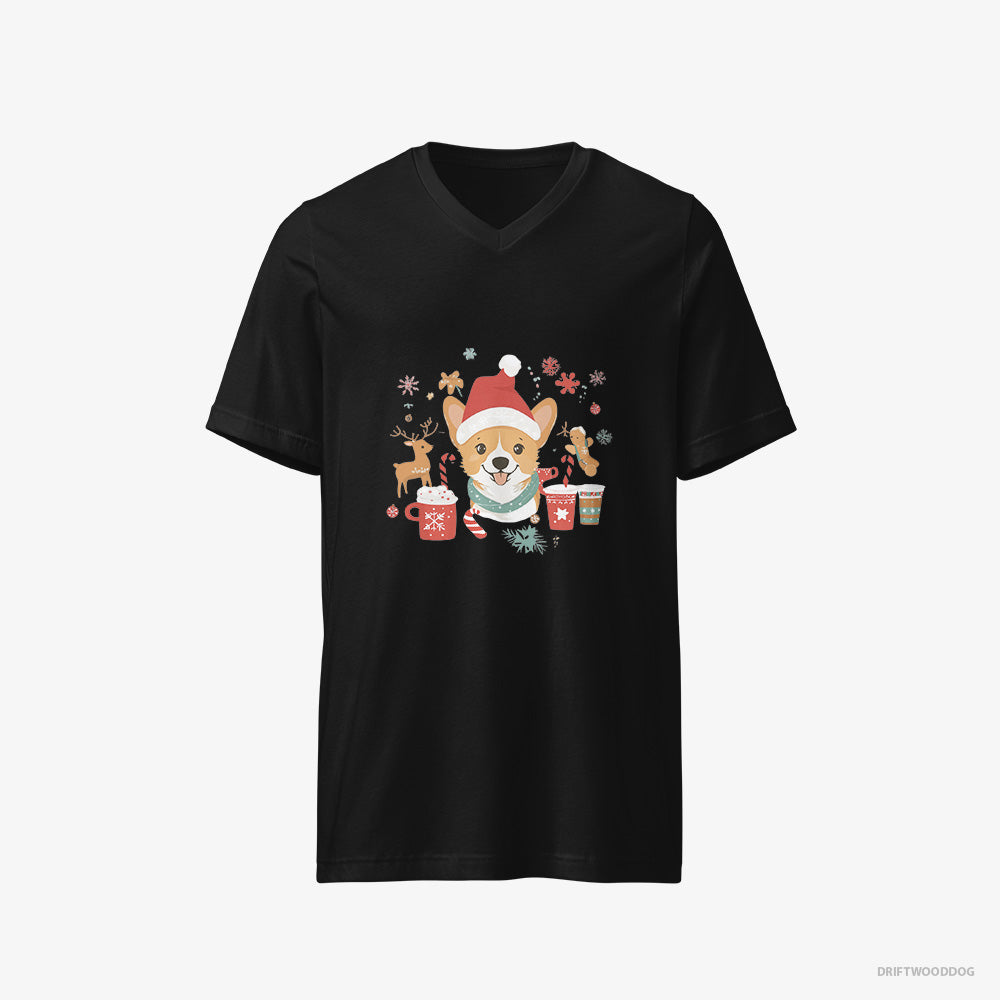 Corgi T-Shirt – Men Black T-Shirt V-Neck – with Holiday Spirit (on White Background)