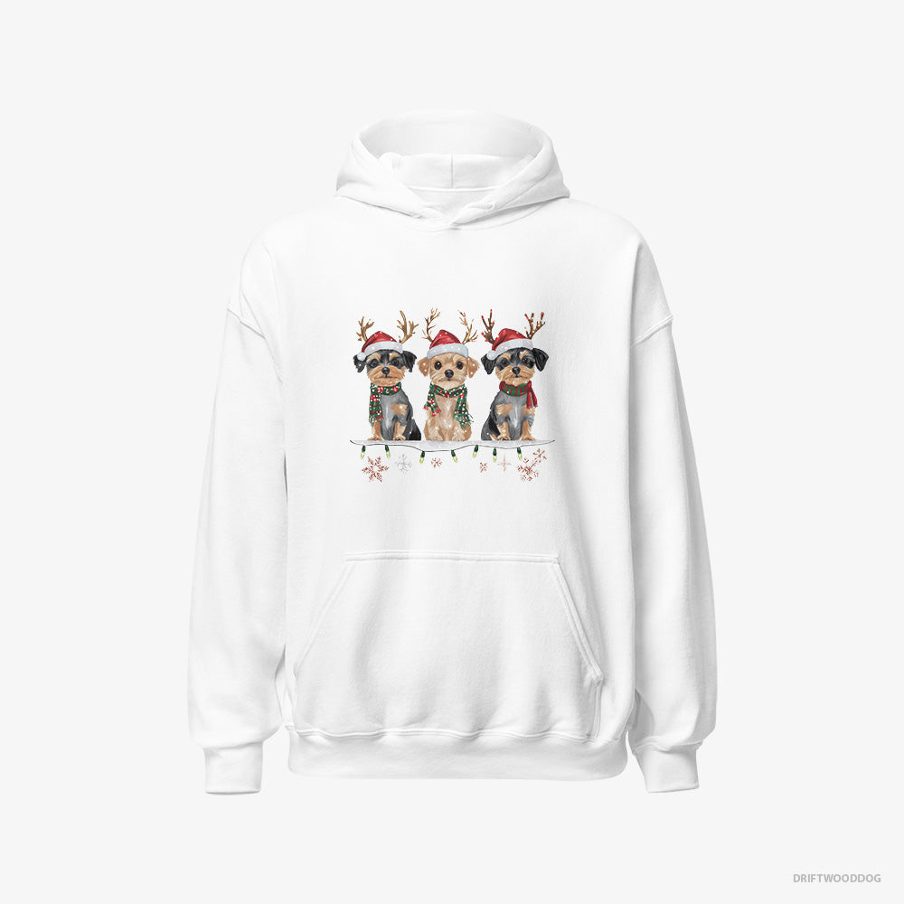 Yorkshire Terrier Hoodie – Men White Hoodie Classic – Puppies in a Cozy Christmas Setting (on White Background)