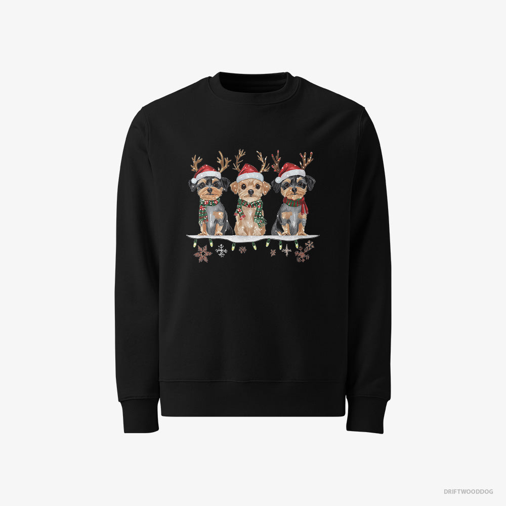 Yorkshire Terrier Sweatshirt – Men Black Sweatshirt Classic – Puppies in a Cozy Christmas Setting (on White Background)