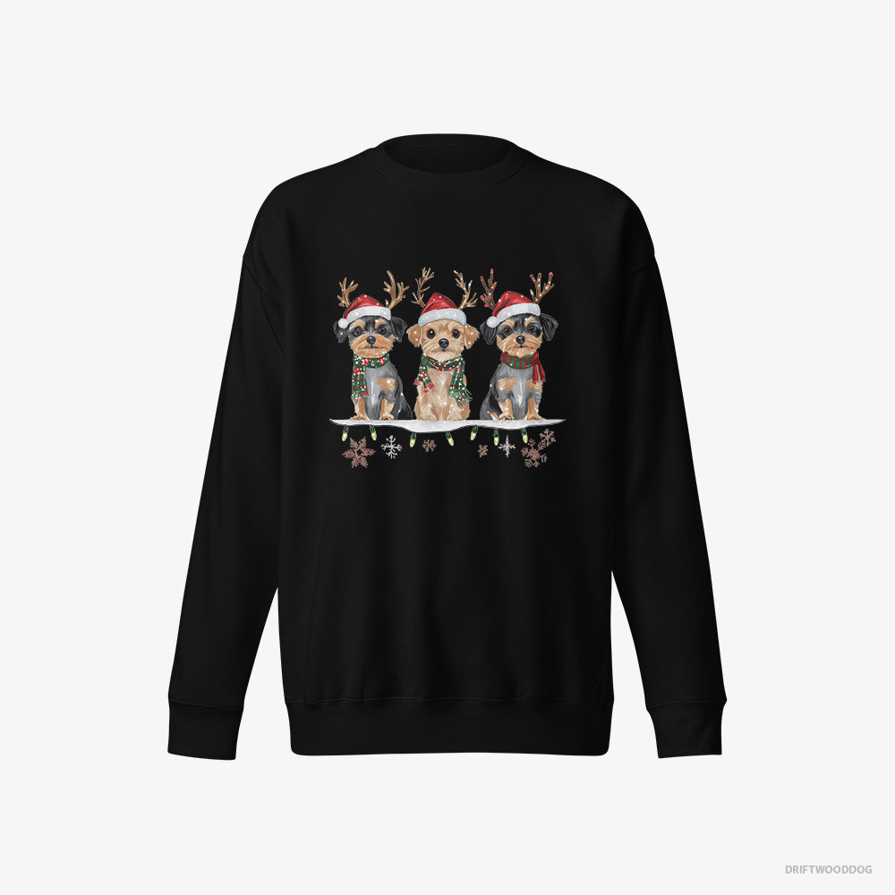 Yorkshire Terrier Sweatshirt – Men Black Sweatshirt Eco-Friendly – Puppies in a Cozy Christmas Setting (on White Background)