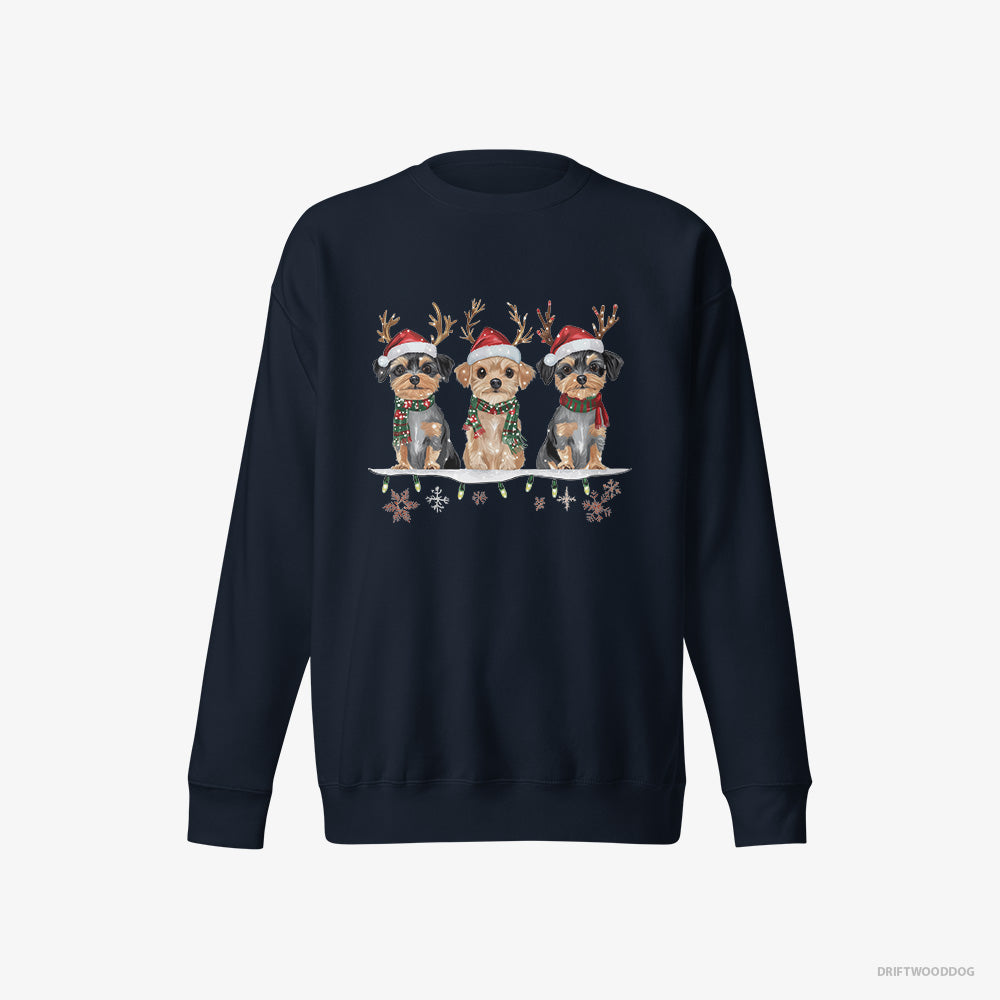 Yorkshire Terrier Sweatshirt – Men Navy Sweatshirt Eco-Friendly – Puppies in a Cozy Christmas Setting (on White Background)