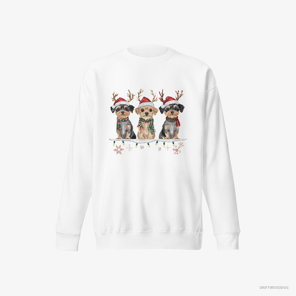 Yorkshire Terrier Sweatshirt – Men White Sweatshirt Eco-Friendly – Puppies in a Cozy Christmas Setting (on White Background)