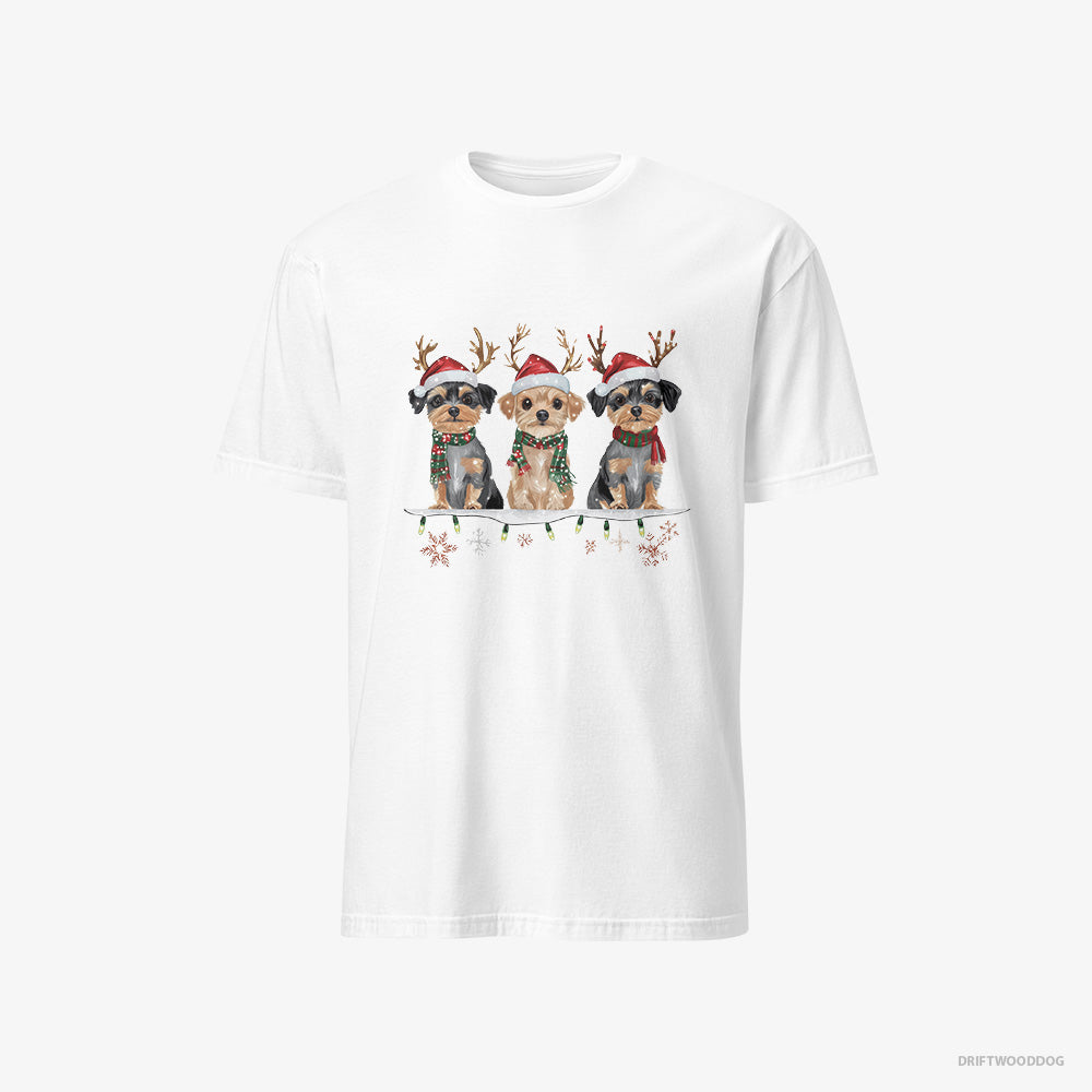 Yorkshire Terrier T-Shirt – Men White T-Shirt Classic – Puppies in a Cozy Christmas Setting (on White Background)