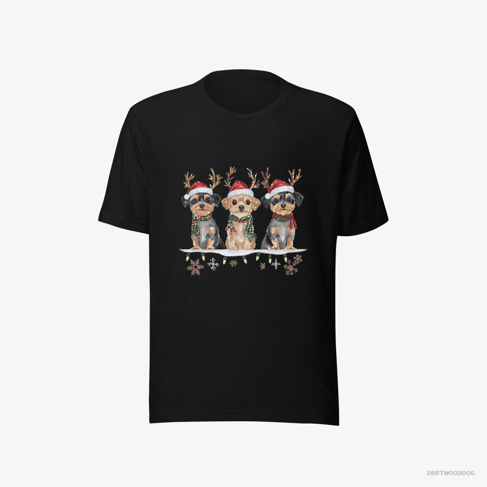 Yorkshire Terrier T-Shirt – Men Black T-Shirt Eco-Friendly – Puppies in a Cozy Christmas Setting (on White Background)