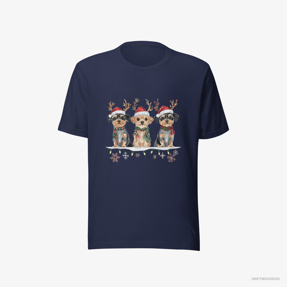 Yorkshire Terrier T-Shirt – Men Navy T-Shirt Eco-Friendly – Puppies in a Cozy Christmas Setting (on White Background)