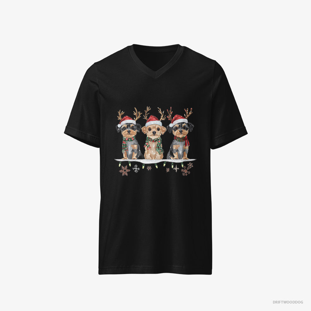 Yorkshire Terrier T-Shirt – Men Black T-Shirt V-Neck – Puppies in a Cozy Christmas Setting (on White Background)