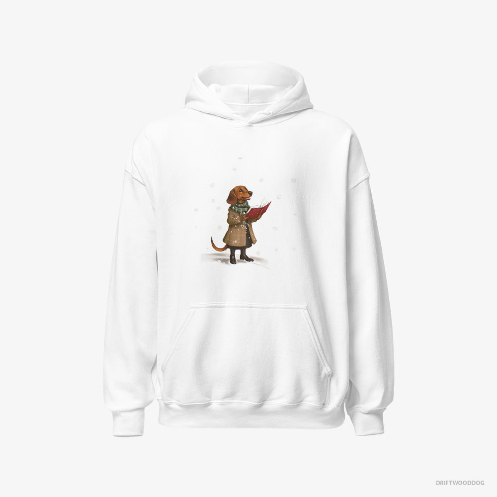 Dachshund Hoodie – Men White Hoodie Classic – Singing Holiday Carols (on White Background)