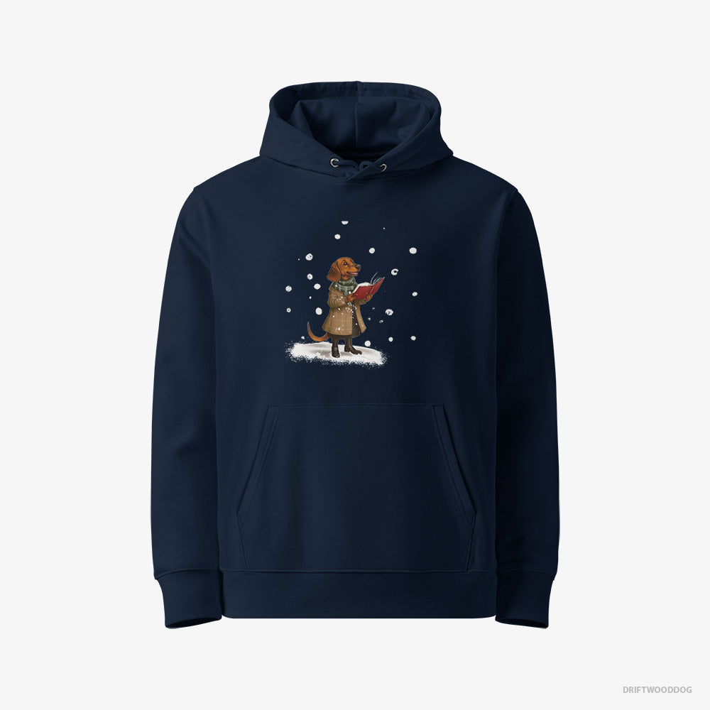 Dachshund Hoodie – Women Navy Hoodie Eco-Friendly – Singing Holiday Carols (on White Background)