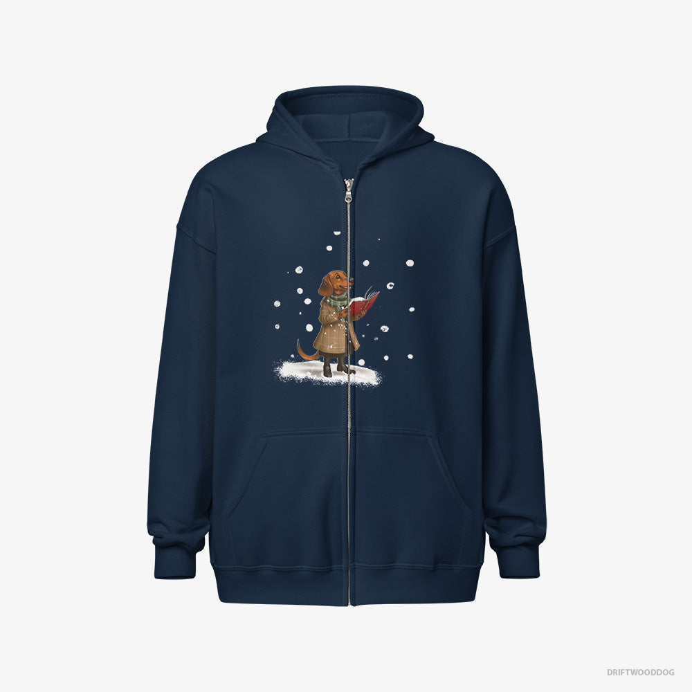 Dachshund Hoodie – Men Navy Hoodie Full-Zip – Singing Holiday Carols (on White Background)