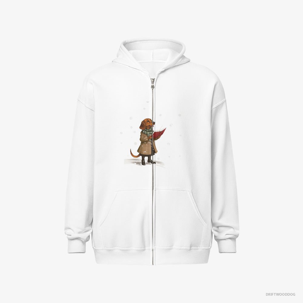 Dachshund Hoodie – Men White Hoodie Full-Zip – Singing Holiday Carols (on White Background)