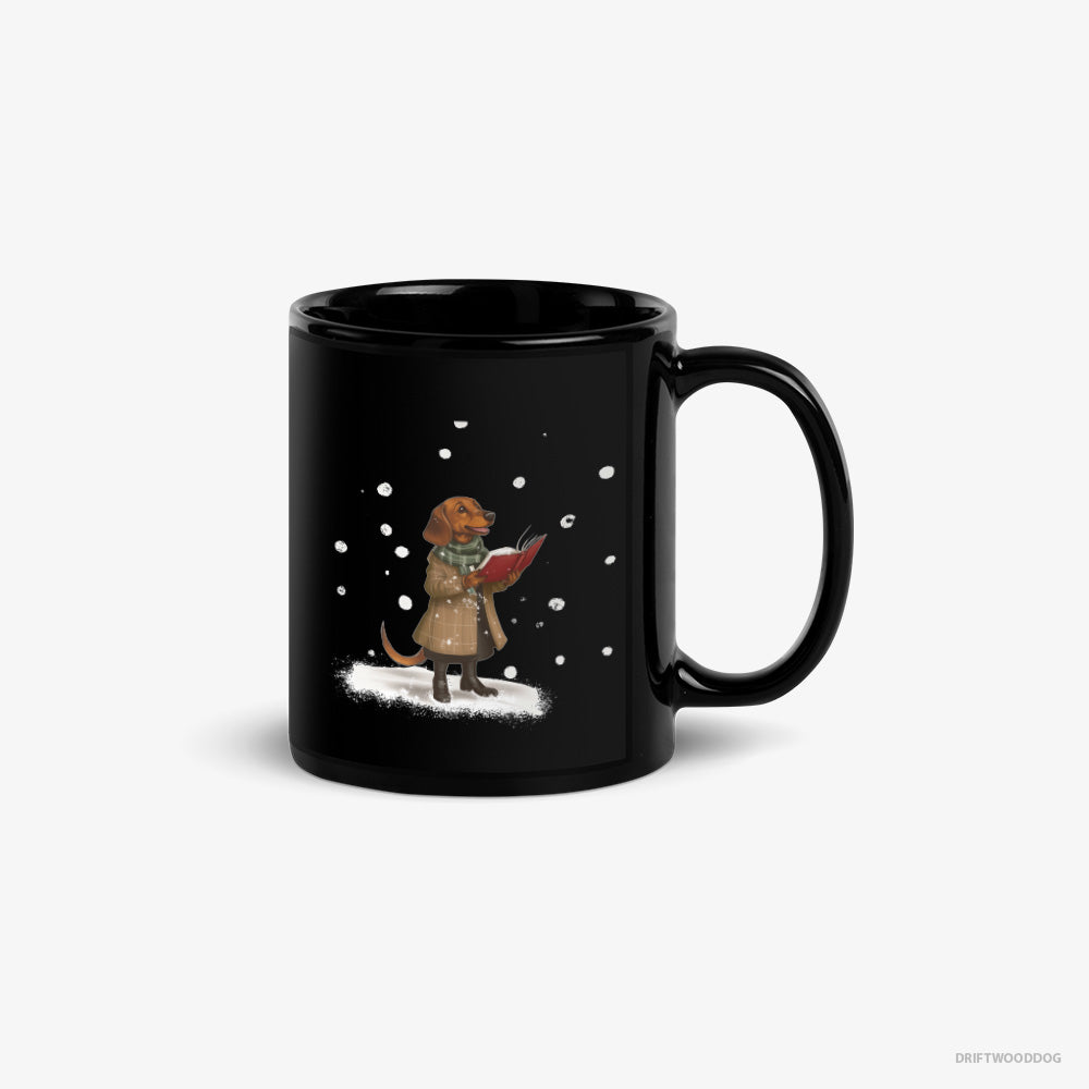 Dachshund Mug – Unisex Black Mug Classic – Singing Holiday Carols (on White Background)