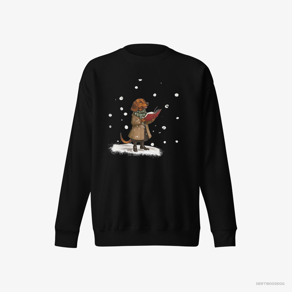 Dachshund Sweatshirt – Women Black Sweatshirt Eco-Friendly – Singing Holiday Carols (on White Background)